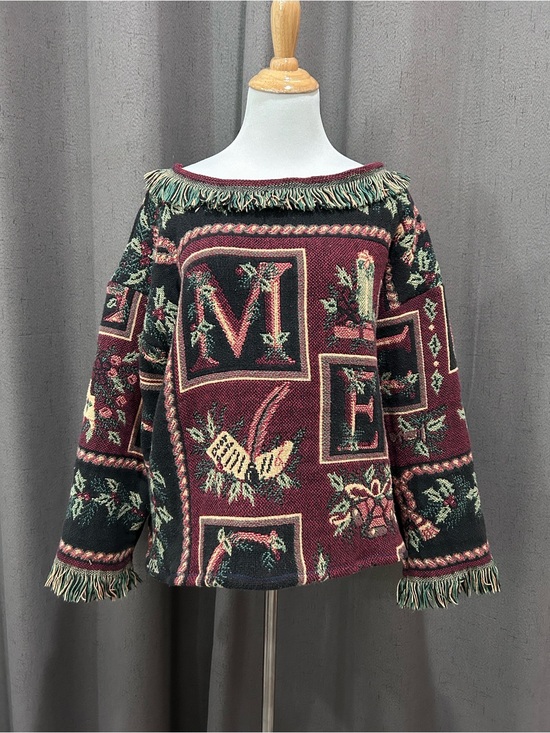 Handmade Sweaters - Fringed Tapestry Upcycled Sweater - Burgundy Floral